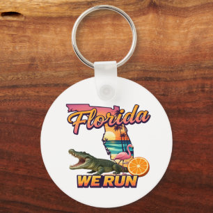 Florida We Run Sunset Alligator Flamingo Sports Keychain