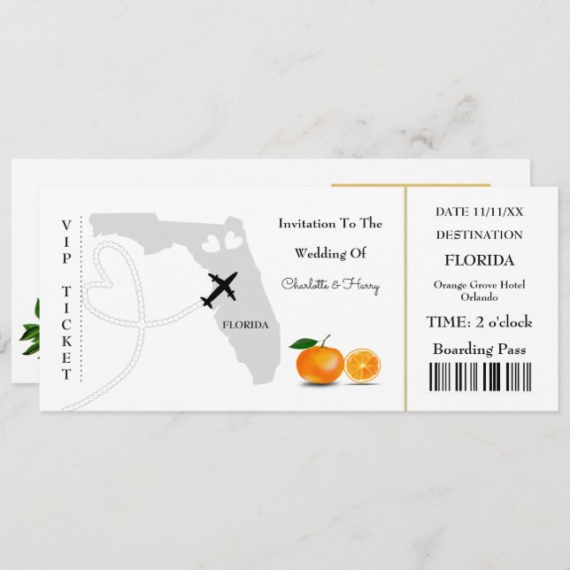 Florida Wedding Destination Ticket Boarding Pass Invitation (Front/Back)
