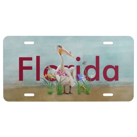 Florida, White Pelican, Flowers, Customized Text License Plate
