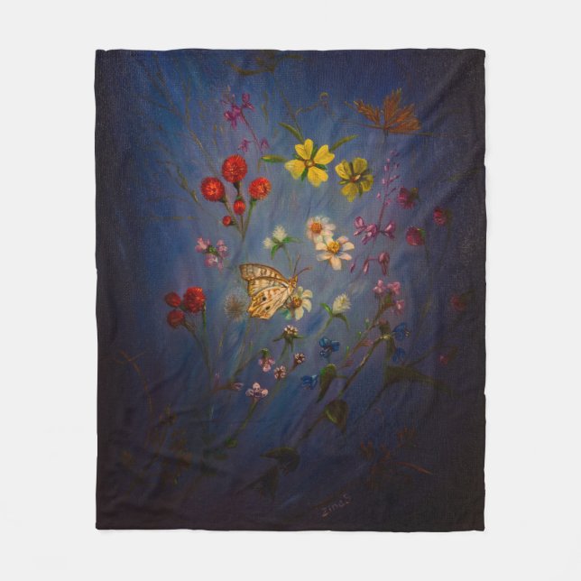Florida Wildflowers on a blue background Fleece Blanket (Front)