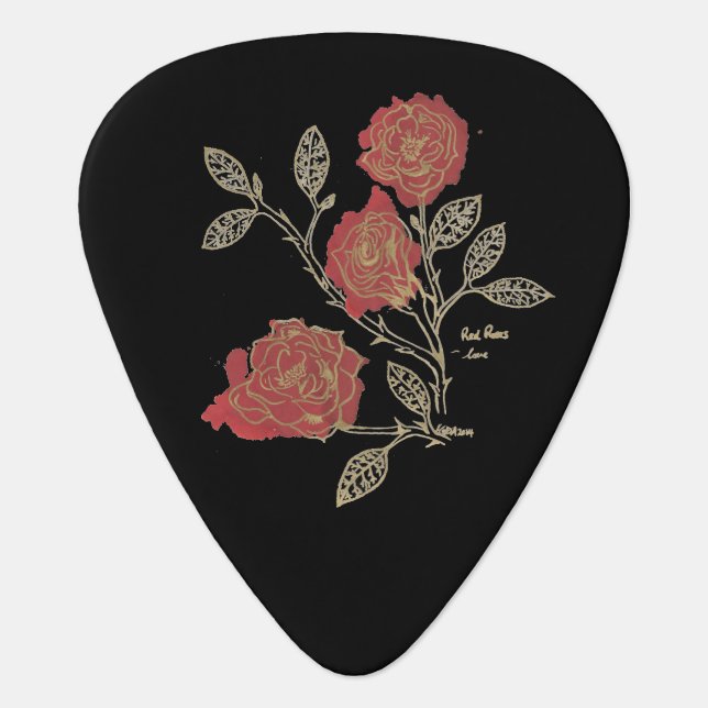 Floriography Inkblot Red Roses Black Guitar Pick (Front)