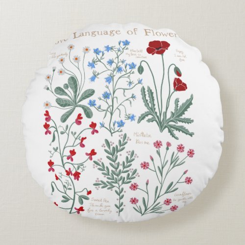 Floriograpy language of flowers botanical white round pillow