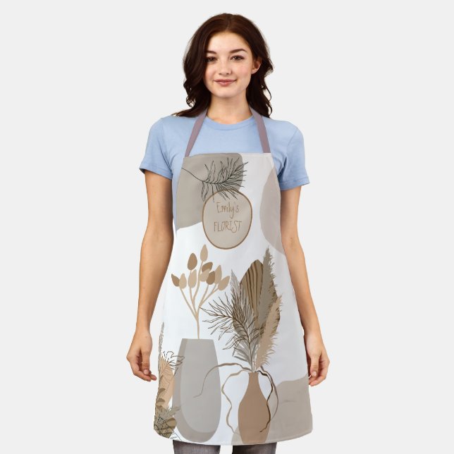Florist Abstract Shapes Line Art Leaf Cream Brown Apron (Worn)