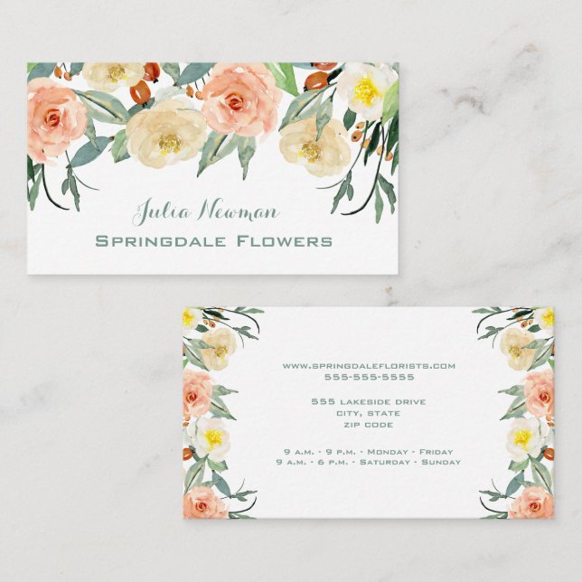 Florist, Bright Watercolor Flowers Business Card (Front/Back)