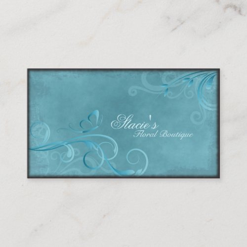 Florist Business Card Teal Blue Swirls Butterfly