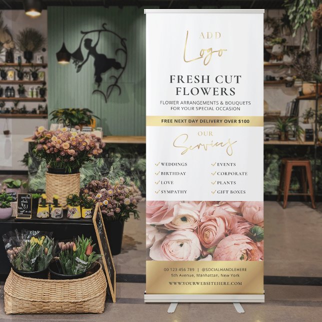 Florist Chic Gold Logo Promotional Flower Boutique Retractable Banner (Elegant flower shop promotional retractable banner in white and gold)