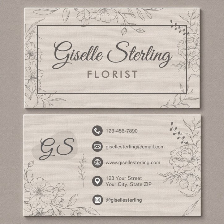 Florist Floral Beige Linen Floral Line Art Business Card