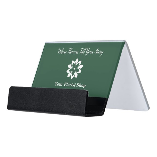 🌸Florist Green & White Desk Business Card Holder (Angled Front)