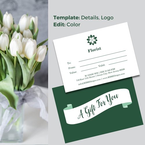 Florist Green  White Gift Certificate  Note Card