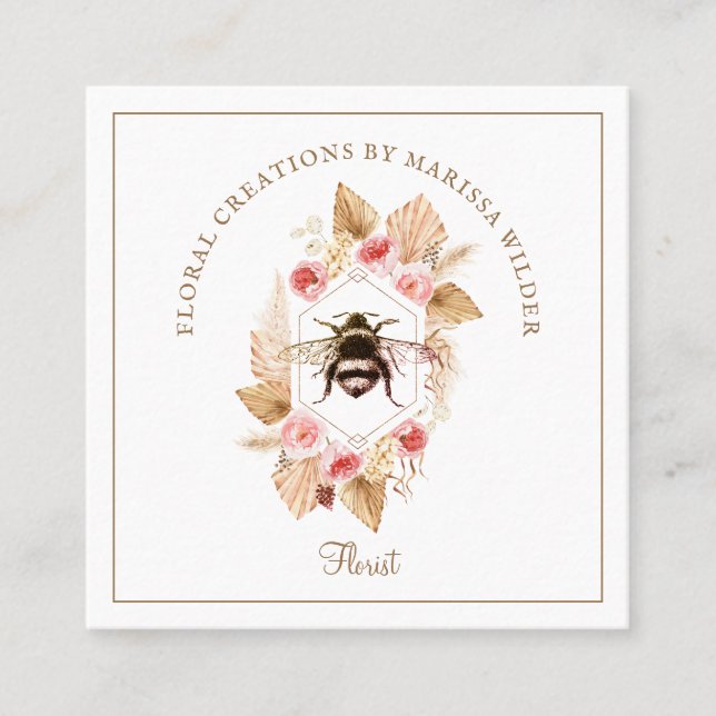 Florist Honey Bee Blush Pink Boho Floral  Square Business Card (Front)