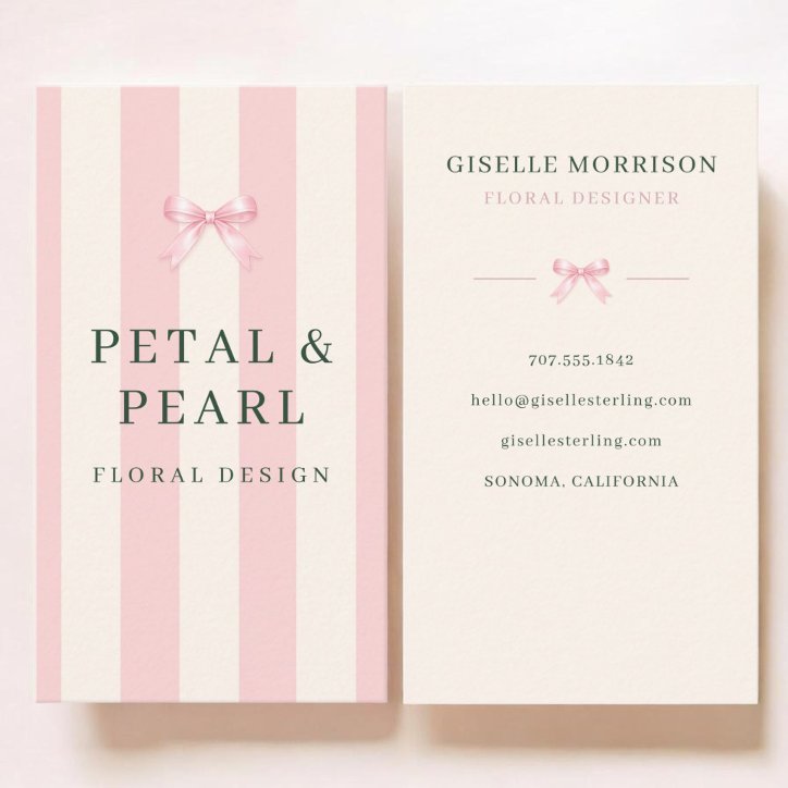 Florist Pink And Green Striped Preppy Bow Business Card