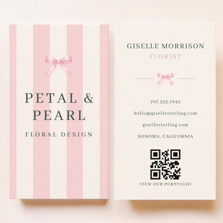 Florist Pink Green Striped Bow QR Code Business Card