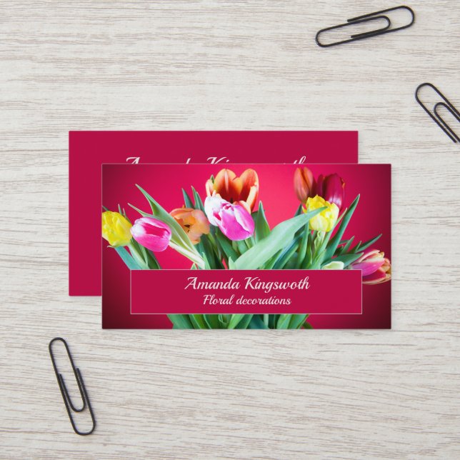 Florist red tulips business with customizable text business card (Front/Back In Situ)