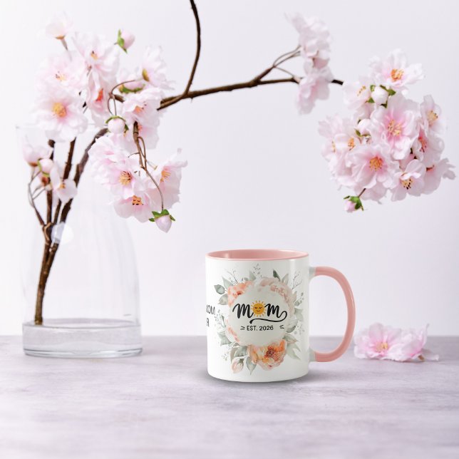 FlorL Pink Mom Established Handwritten Name Year Mug (mom to be mother to be coffee for her pregnancy mother s day Mom Established Handwritten Name Year )