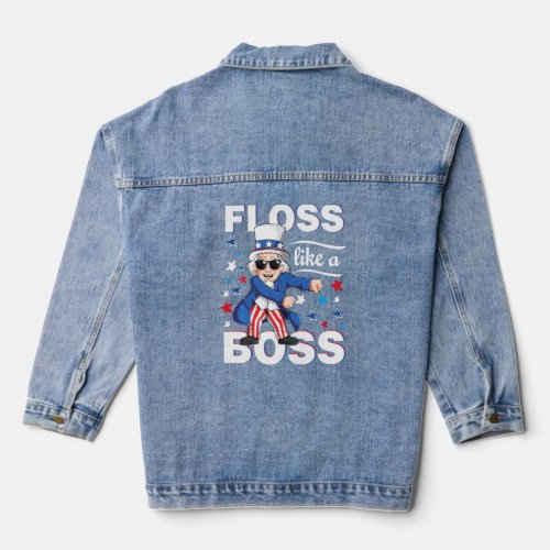 Floss Like A Boss Uncle Sam 4th Of July Kids Boys  Denim Jacket