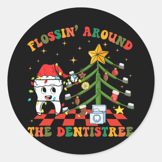 Flossing Around The Dentistree Funny Xmas Dental H Classic Round Sticker (Front)
