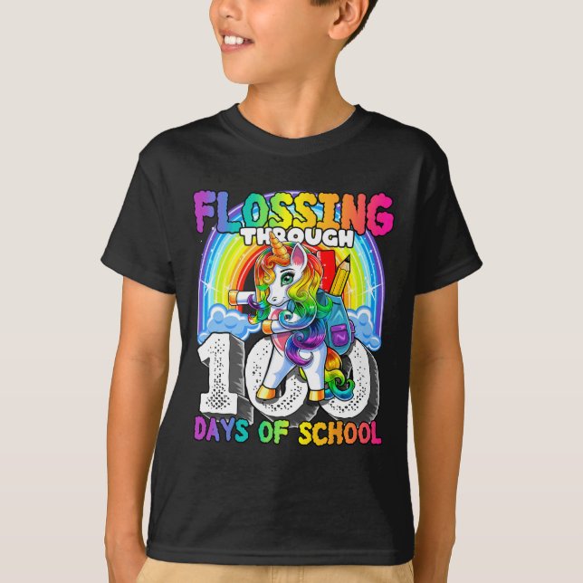 Flossing through 100 Days of School Flossing Unico T-Shirt (Front)
