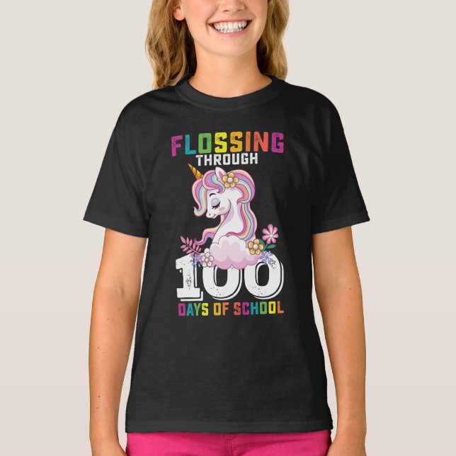 Flossing Through 100 Days of School Unicorn T-Shirt (Front)