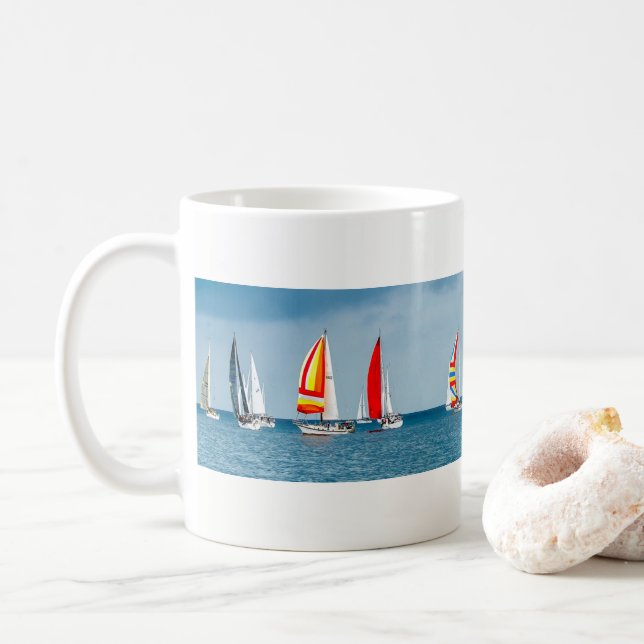 Flotilla of Sail Boats on a Clam Sea Coffee Mug (With Donut)