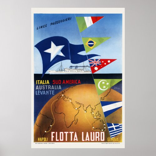 Flotta Lauro Napoli Genova Italy Vintage Poster