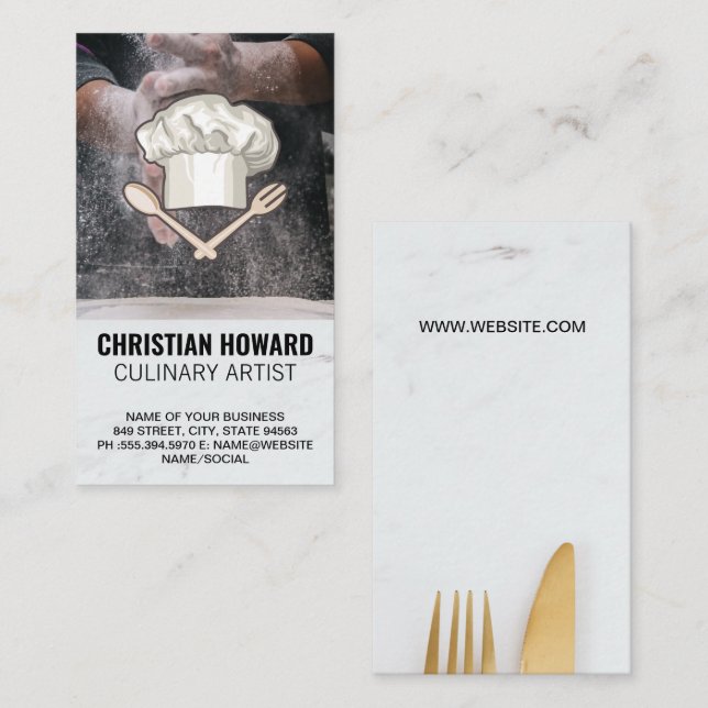 Flour | Chef Hat and Utensils Logo Business Card (Front/Back)
