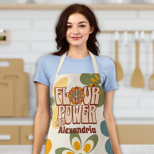 "Flour Power" Retro 60s Funny Cooking Baking Apron ("flour power" 60s 70s hippy apron funny cute retro w/ custom name peace sign baking apron for women)