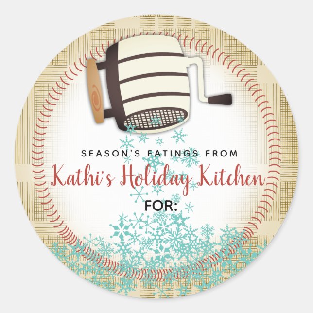 Flour sifter snowflake holiday baking personalized classic round sticker (Front)