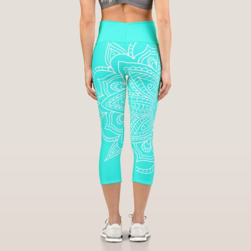 Flourescent Blue and White Mandala Yoga Capri 