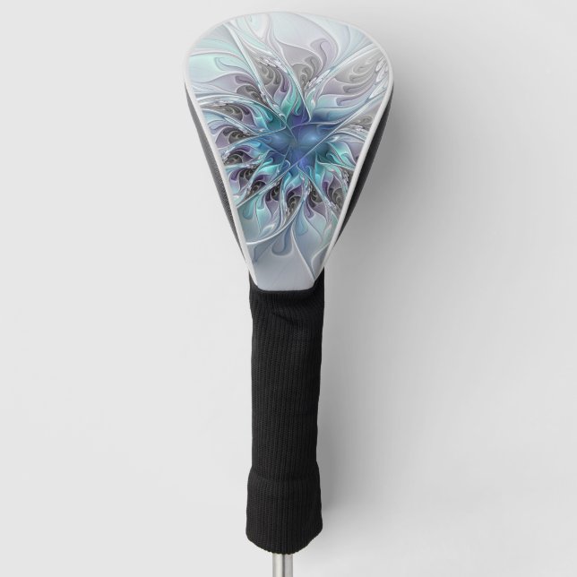 Flourish, Abstract Modern Blue Flower Fractal Art Golf Head Cover (Front)