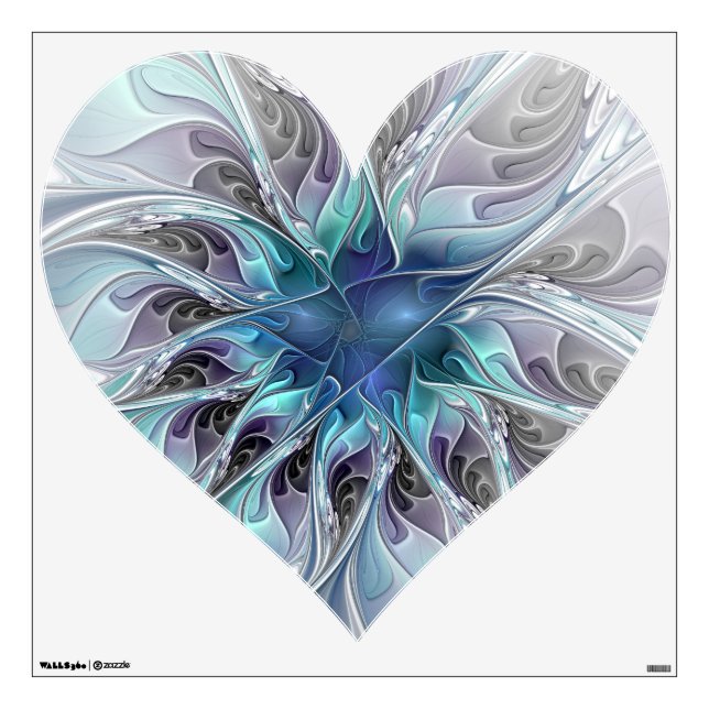 Flourish Abstract Modern Blue Fractal Flower Heart Wall Decal (Front)