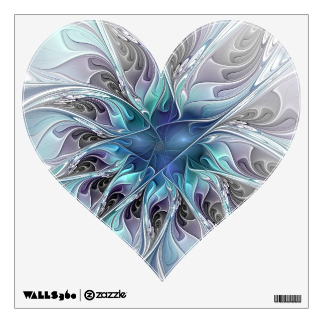 Flourish Abstract Modern Blue Fractal Flower Heart Wall Decal (Front)