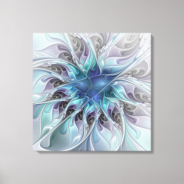 Flourish Abstract Modern Flower W. Blue Triptych Canvas Print (Front)
