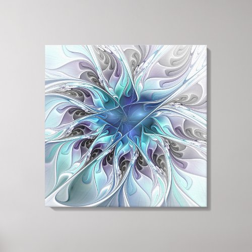 Flourish Abstract Modern Flower W Blue Triptych Canvas Print
