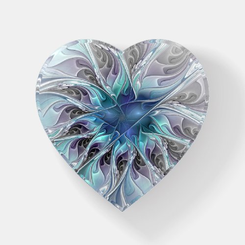 Flourish Abstract Modern Fractal Blue Flower Heart Paperweight