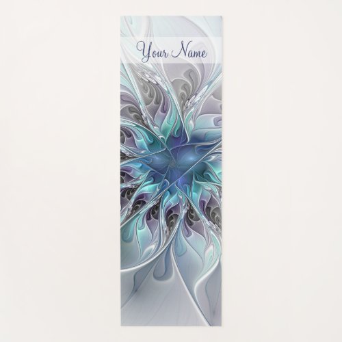 Flourish Abstract Modern Fractal Flower Blue Name Yoga Mat