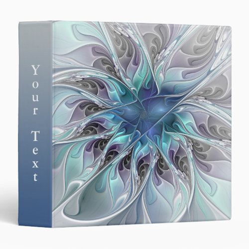 Flourish Abstract Modern Fractal Flower Blue Text 3 Ring Binder