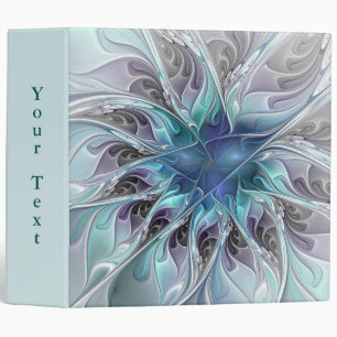 Flourish Abstract Modern Fractal Flower Blue Text 3 Ring Binder