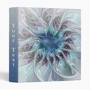Flourish Abstract Modern Fractal Flower Blue Text 3 Ring Binder