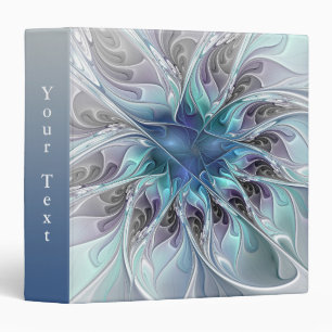 Flourish Abstract Modern Fractal Flower Blue Text 3 Ring Binder