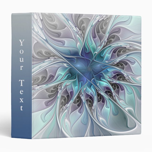 Flourish Abstract Modern Fractal Flower Blue Text 3 Ring Binder (Front/Spine)