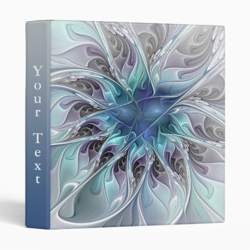 Flourish Abstract Modern Fractal Flower Blue Text 3 Ring Binder