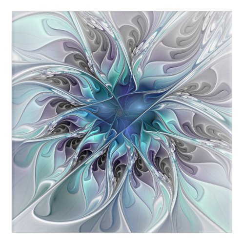Flourish Abstract Modern Fractal Flower With Blue Acrylic Print