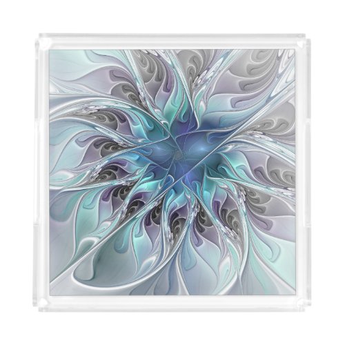Flourish Abstract Modern Fractal Flower With Blue Acrylic Tray