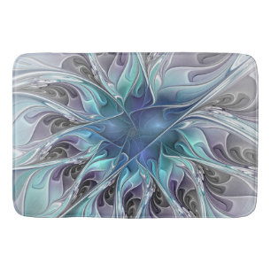 Flourish Abstract Modern Fractal Flower With Blue Bath Mat
