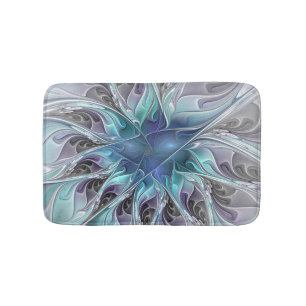 Flourish Abstract Modern Fractal Flower With Blue Bath Mat