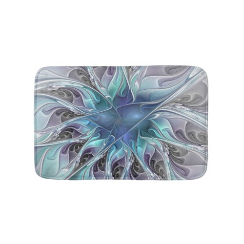 Flourish Abstract Modern Fractal Flower With Blue Bath Mat