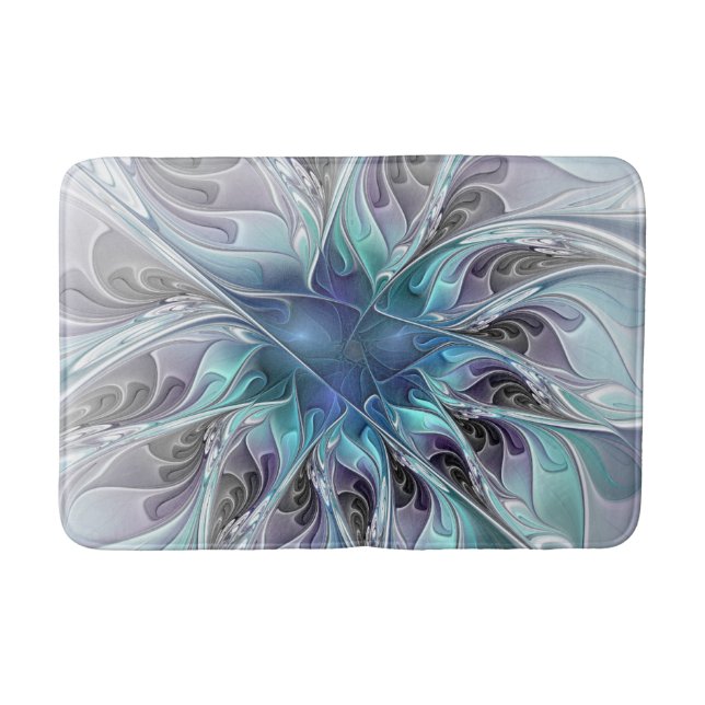 Flourish Abstract Modern Fractal Flower With Blue Bath Mat (Front)
