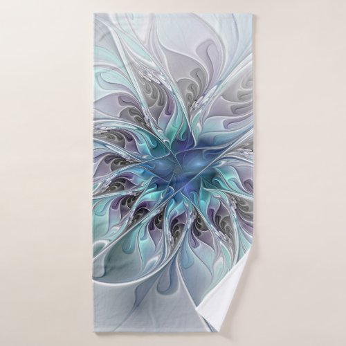 Flourish Abstract Modern Fractal Flower With Blue Bath Towel