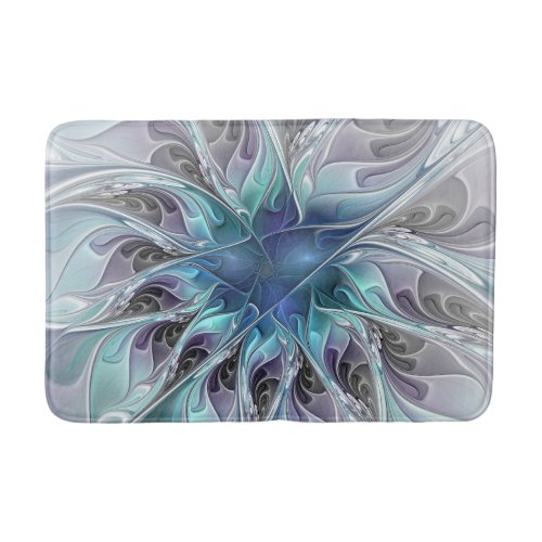 Flourish Abstract Modern Fractal Flower With Blue Bathroom Mat