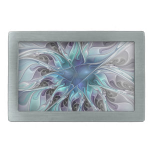 Flourish Abstract Modern Fractal Flower With Blue Belt Buckle